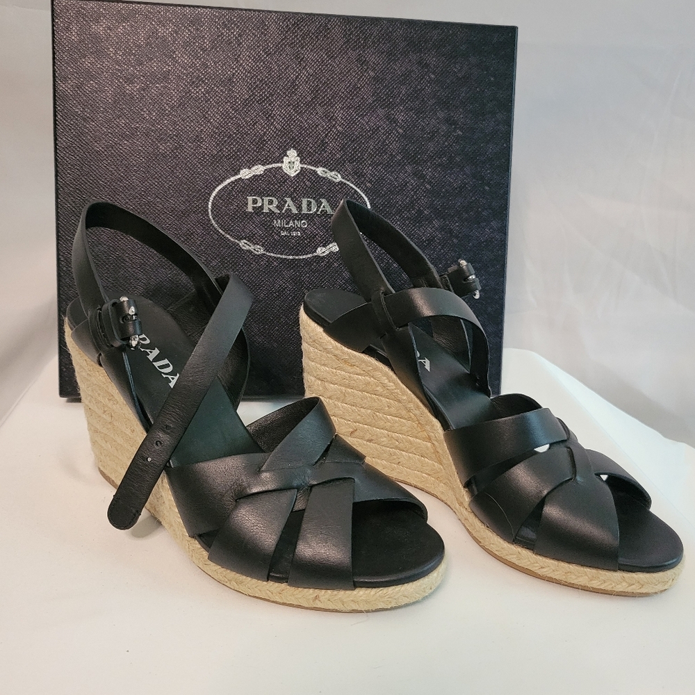 Prada Espadrille Wedge Braided Black Leather Sandal Crossover straps NWOT